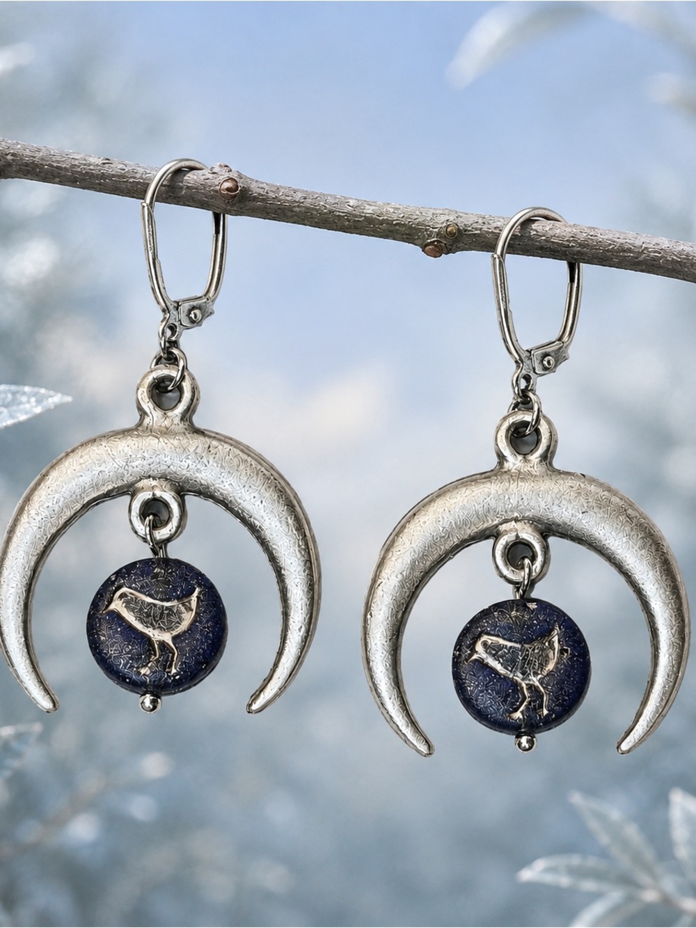 Handmade Antique Silver Crescent Earrings with Navy Czech Glass Birds